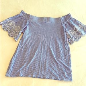 Loft off the shoulder blue and white top